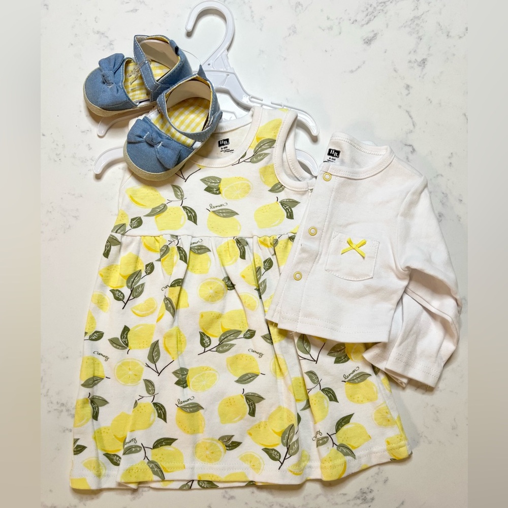 Hudson Baby Cotton Dress, Cardigan and Shoe Set, 6-9 months, Lemons